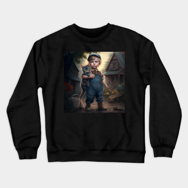 Young boy in his denim coveralls carrying his cat. Crewneck Sweatshirt by Liana Campbell